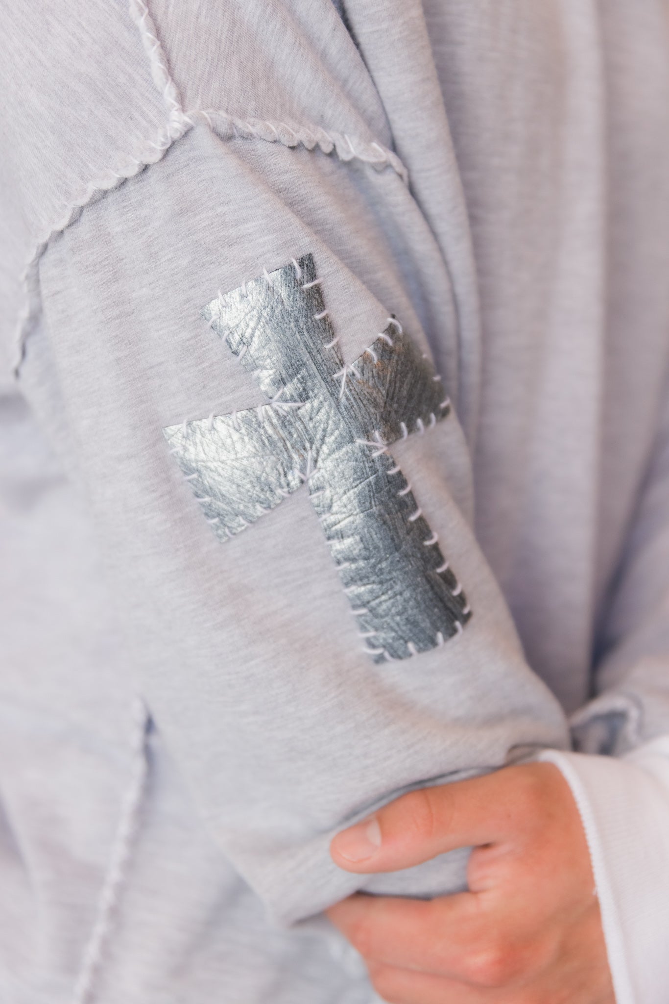 Grey Hooded Sweatshirt with Cross Appliqué