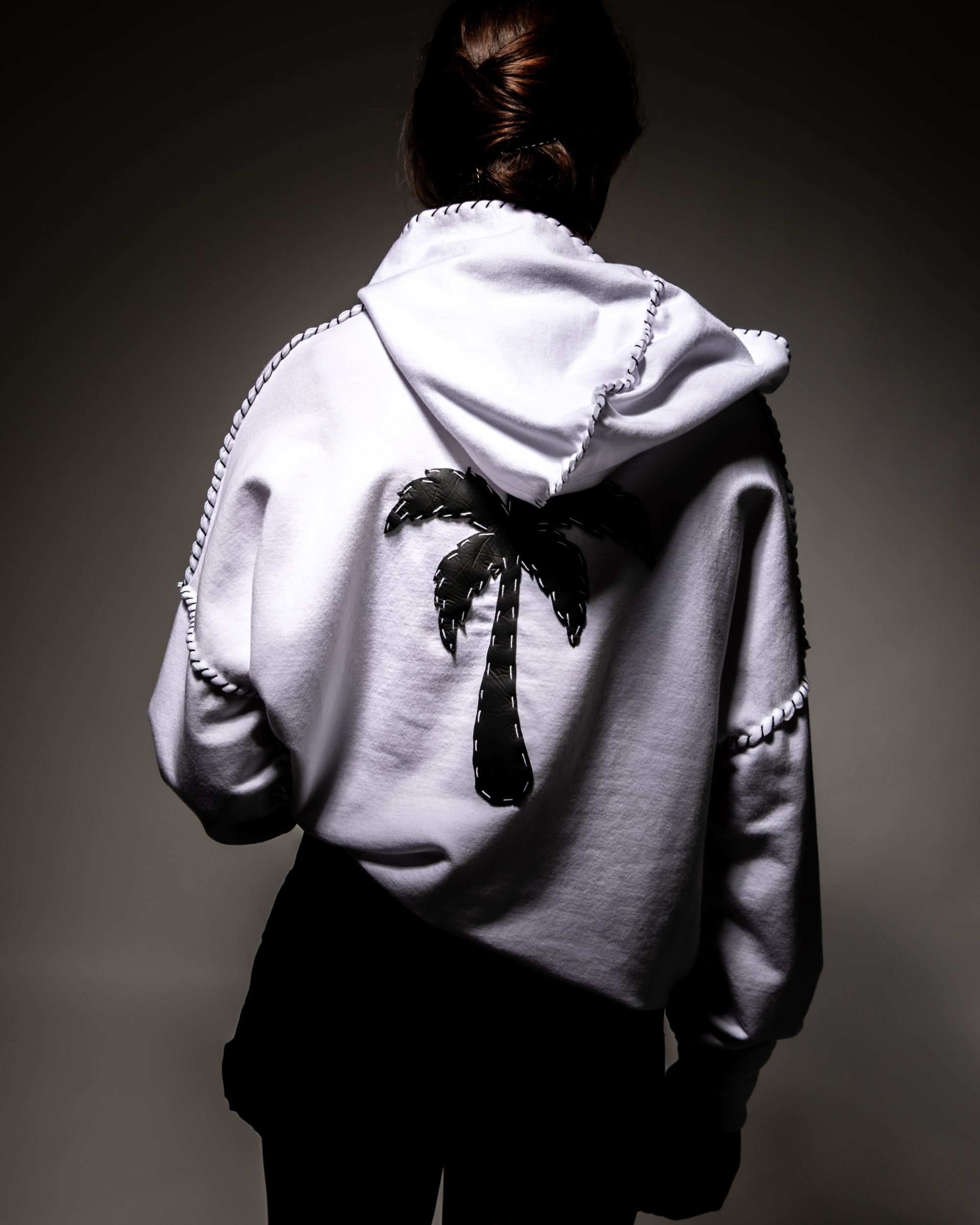 White Hooded Sweatshirt with Palm Tree Appliqué